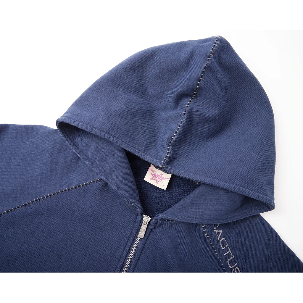 Blanket Stitch Zip Up Hoodie Navy