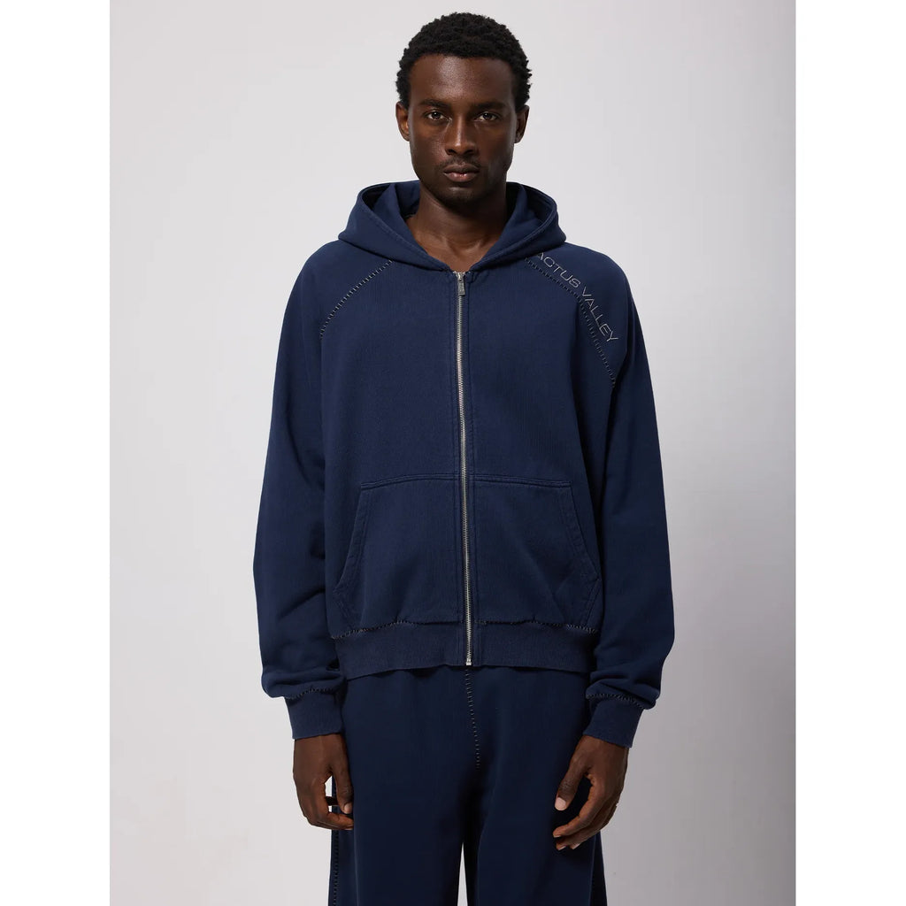 Blanket Stitch Zip Up Hoodie Navy