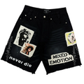 Black denim shorts with distressed frayed hems, featuring graphic patches, ripped paper-style overlays reading 'never die' and 'MIXED EMOTION', and two portrait stickers on the front, shown on a plain white background.