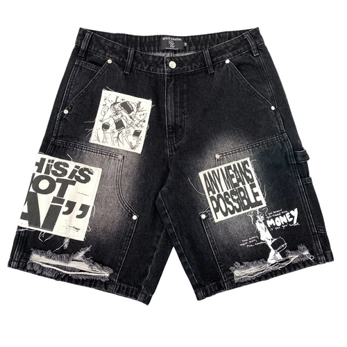 Black washed denim cargo shorts with multiple graphic patches and distressed details, displayed flat against a white background.