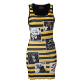 A sleeveless black and yellow horizontally striped bodycon dress with a scoop neck, studded trim, and a collage of black-and-white photo prints on the front, shown against a plain white background.