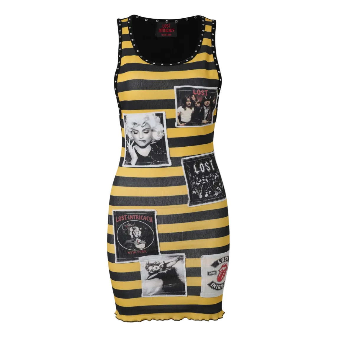 A sleeveless black and yellow horizontally striped bodycon dress with a scoop neck, studded trim, and a collage of black-and-white photo prints on the front, shown against a plain white background.
