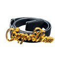 A black leather belt with a highly polished gold-tone script buckle spelling 'Carpe Diem', set against a plain white background.
