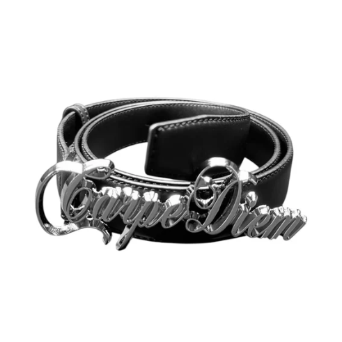 A black leather belt with a highly polished silver-tone metal buckle featuring the cursive script 'Vampyre Dream'.